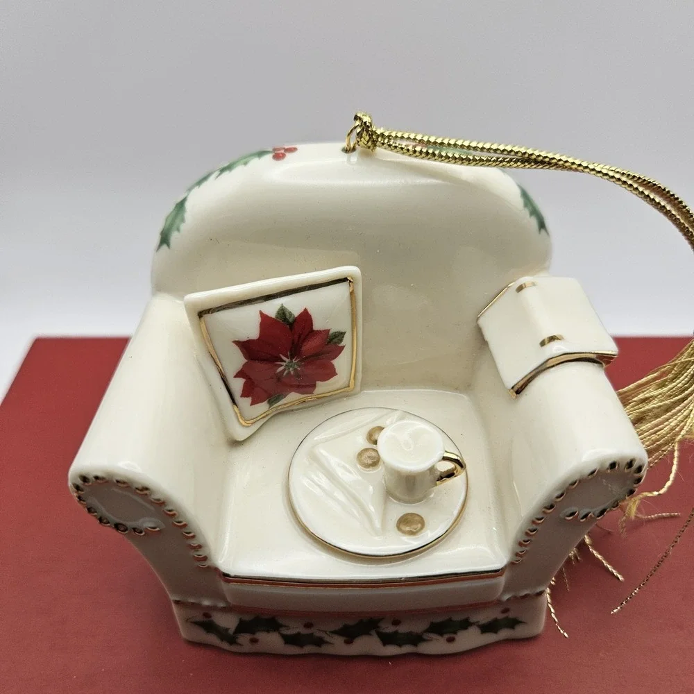 Lenox White & Gold Armchair Christmas Ornament Holly Poinsettia Teacup